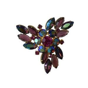 1950s Juliana Shades of Purple Blue & Pink AB Rhinestones Gold Plate Pin Brooch